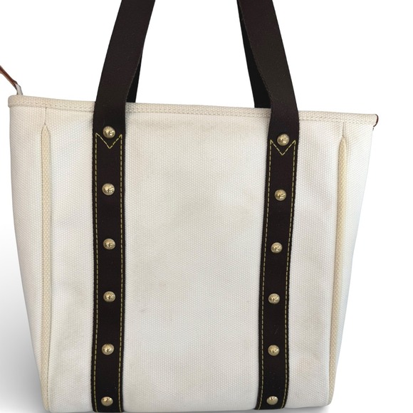 Louis Vuitton Antigua Cabas PM Sailcloth Canvas Tote Ivory Brown Leather Studded - Picture 3 of 14